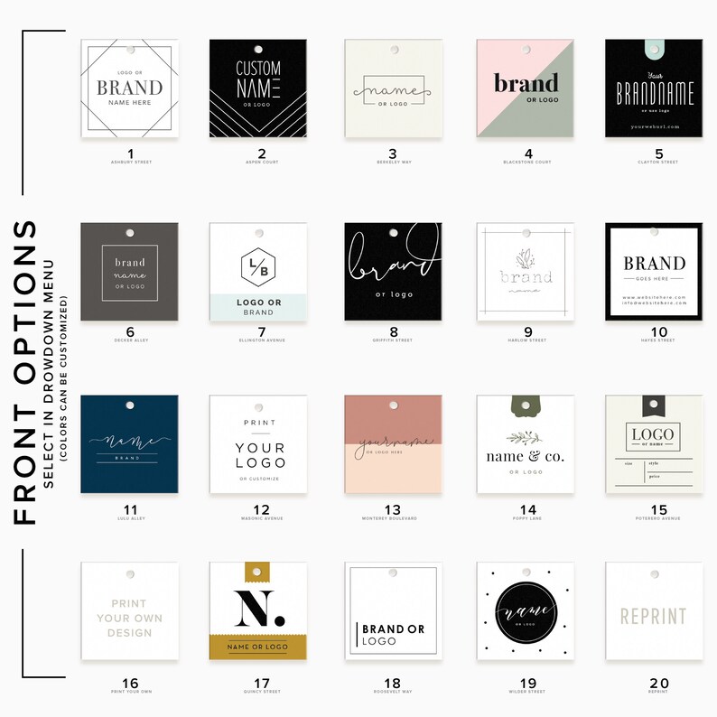 May include: Twenty different tag designs for a brand or logo. Each design is a square with a white background and black text. The designs include different fonts, shapes, and graphics. The text on the tags includes 'Brand', 'Name', 'Logo', 'Print', 'Your Own Design', 'Reprint', 'Name & Co.', and 'Brandname'. The tags are numbered 1 through 20.