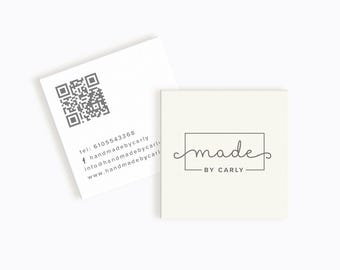 May include: A white business card with a black and white QR code and text that reads "tel: 6105543368 handmadebycarly info@handmadebycarly www.handmadebycarly", and a separate white business card with a black and white logo that reads "made by carly".