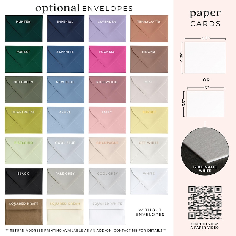 Envelope and size options for the custom note cards