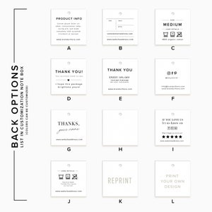 May include: A white square tag with a hole in the top corner. The tag has black text that reads 'PRODUCT INFO' and 'Lorem ipsum dolor sit amet, consectetur adipiscing elit, sed diam nonummy nibh euismod tincidunt ut laoreet dolore magna aliquam erat volutpat.' The tag also has a website address: 'www.brandurthere.com'. The tag is labeled 'A'.