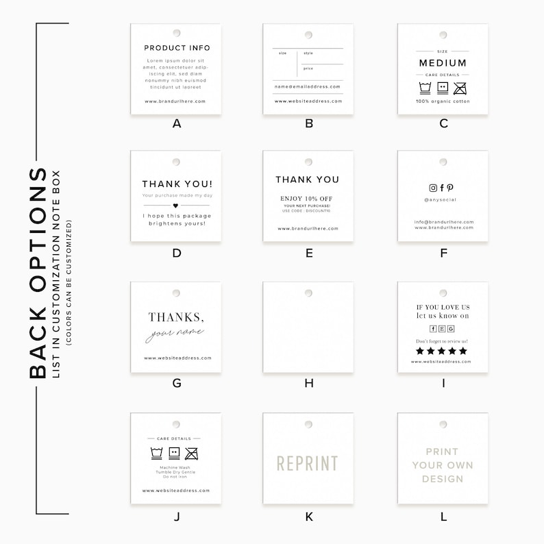 May include: A white square tag with a hole in the top corner. The tag has black text that reads 'PRODUCT INFO' and 'Lorem ipsum dolor sit amet, consectetur adipiscing elit, sed diam nonummy nibh euismod tincidunt ut laoreet dolore magna aliquam erat volutpat.' The tag also has a website address: 'www.brandurthere.com'. The tag is labeled 'A'.