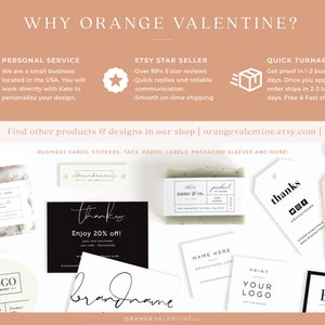 May include: A collection of customizable business card, sticker, tag, and label designs. The designs feature a variety of fonts, colors, and layouts, including a black and white design with the text "thanks" and a pink and green design with the text "brandname".