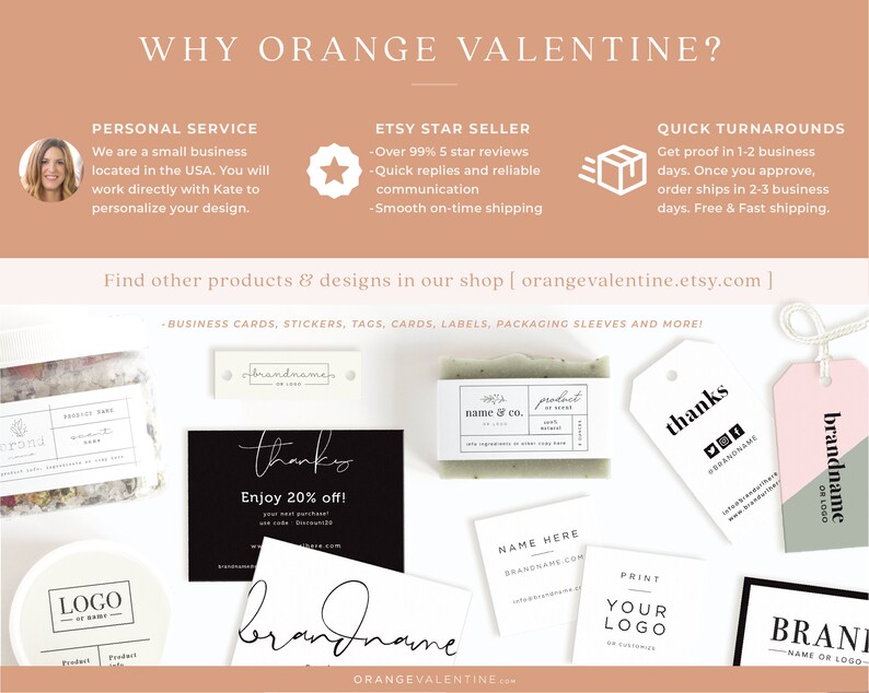 May include: A collection of customizable business card, sticker, tag, and label designs. The designs feature a variety of fonts, colors, and layouts, including a black and white design with the text "thanks" and a pink and green design with the text "brandname".