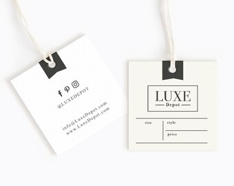 May include: Two white square hang tags with black text and a black ribbon. The tag on the left has social media icons and contact information for Luxe Depot. The tag on the right has the text "LUXE - Depot" and spaces for size, style, and price.
