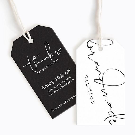 Stylish black swing tag with string attached to clothing garment.