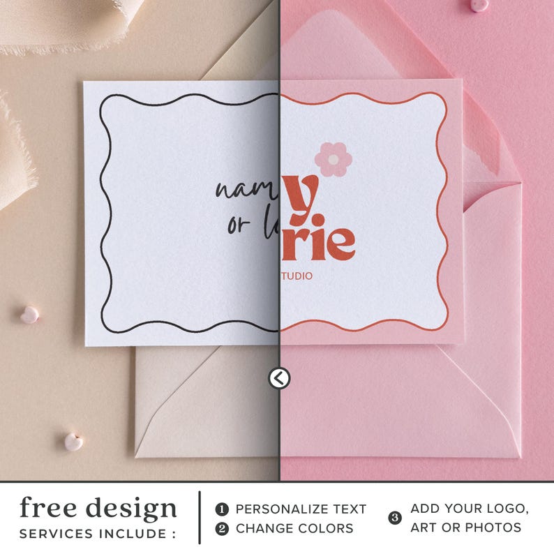 Free design services before and after photos of a stationery set with envelopes