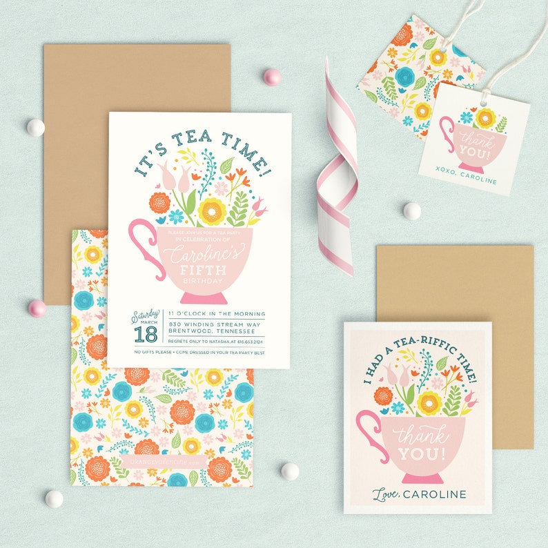 Custom Tea party thank you Tea party ideas Tea cup thank you Custom thank you note Floral tea cup thank you Tea Party Thank You note