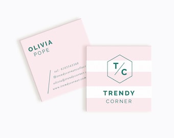 May include: Two pink business cards with white stripes. The first card has the text "Olivia Pope" and contact information. The second card has a green hexagon with the letters "T/C" inside and the text "Trendy Corner".