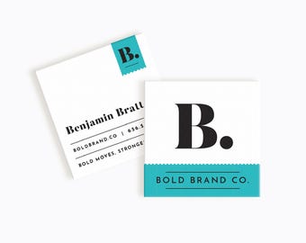 May include: White business card with black text that reads "Benjamin Bratu" and "BOLD BRAND.CO | 656.5 BOLD MOVES, STRONGER". The card has a turquoise blue accent with the letter "B" in a bold font.