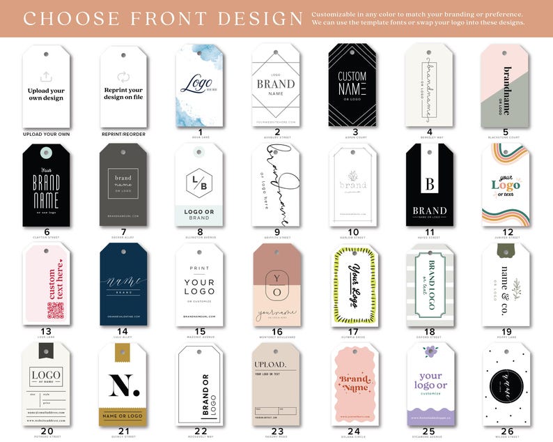 a collection of various tag designs, each with different colors, fonts, and styles. The tags are intended for use in different contexts, such as branding, advertising, or product packaging. The image does not contain any text that can be described in any more detail than the tags themselves, and there is no need to provide a full description of each tag. The focus is on the visual elements and their arrangement, rather than the specific content or message they convey.