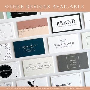 May include: A collection of business card designs featuring various fonts, colors, and layouts. The designs include text such as "brand", "name", "your name", "custom name", "brand name", "print your logo", and "log".