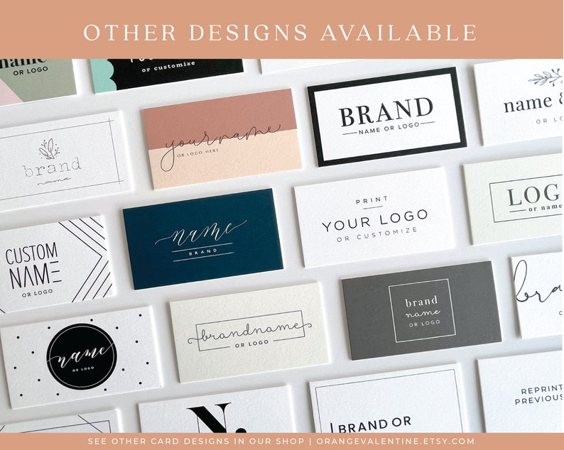 May include: A collection of business card designs featuring various fonts, colors, and layouts. The designs include text such as "brand", "name", "your name", "custom name", "brand name", "print your logo", and "log".