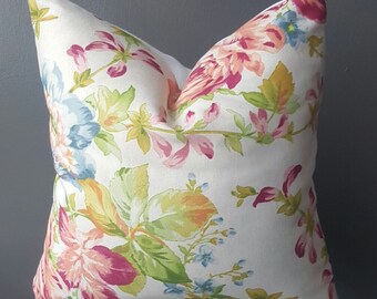 Floral Throw Pillow-Blue-Pink-Coral Decorative Pillow