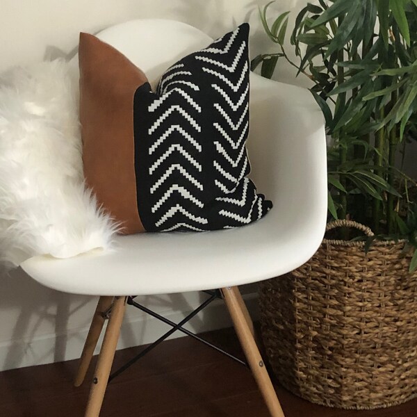 Black and White Boho Style Decorative pillow cover with caramel faux leather