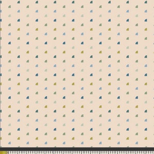 May include: Cream-colored fabric with a repeating pattern of quarter-circle shapes in shades of blue and green. The pattern is evenly spaced across the fabric. A ruler is at the bottom of the image, showing measurements in inches.