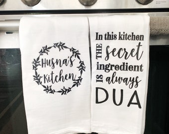 Islamic Kitchen Towels, Muslim Tea Towel, Eid Gift for moms, Ramadan present, mothers day Muslim Housewarming, Personalized flour sack