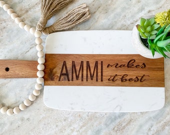 Muslim Mom Gift, Ammi Makes it Best, Marble and Acacia Wood Cheese Serving Board, islamic bread board- Mother's Day cutting board, eid gift