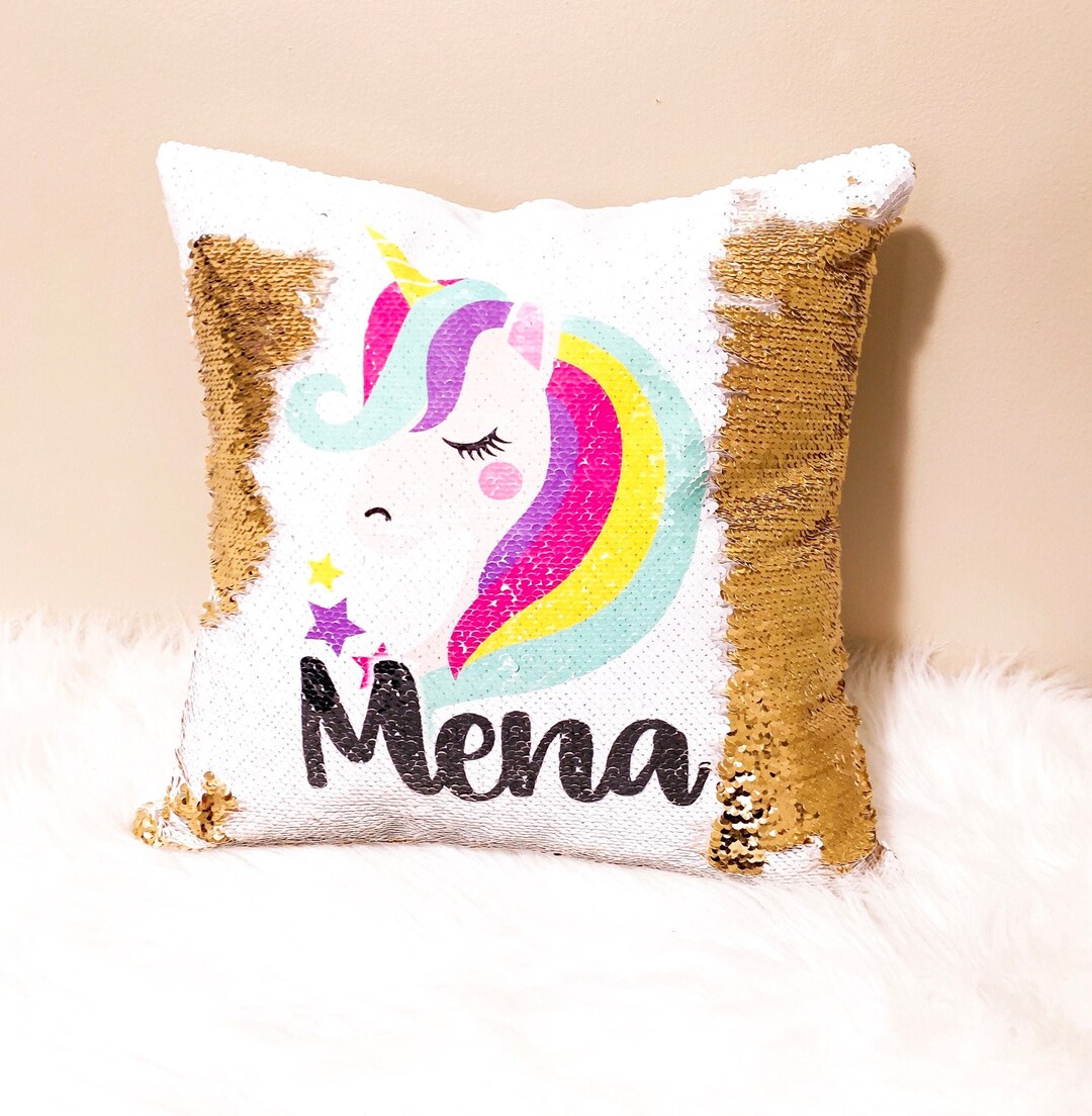 Unicorn Sequin Pillow With Name Sequin Mermaid Pillow Etsy