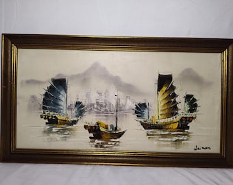 Signed Junk Boat Oil Painting: Golden Framed Maritime Art