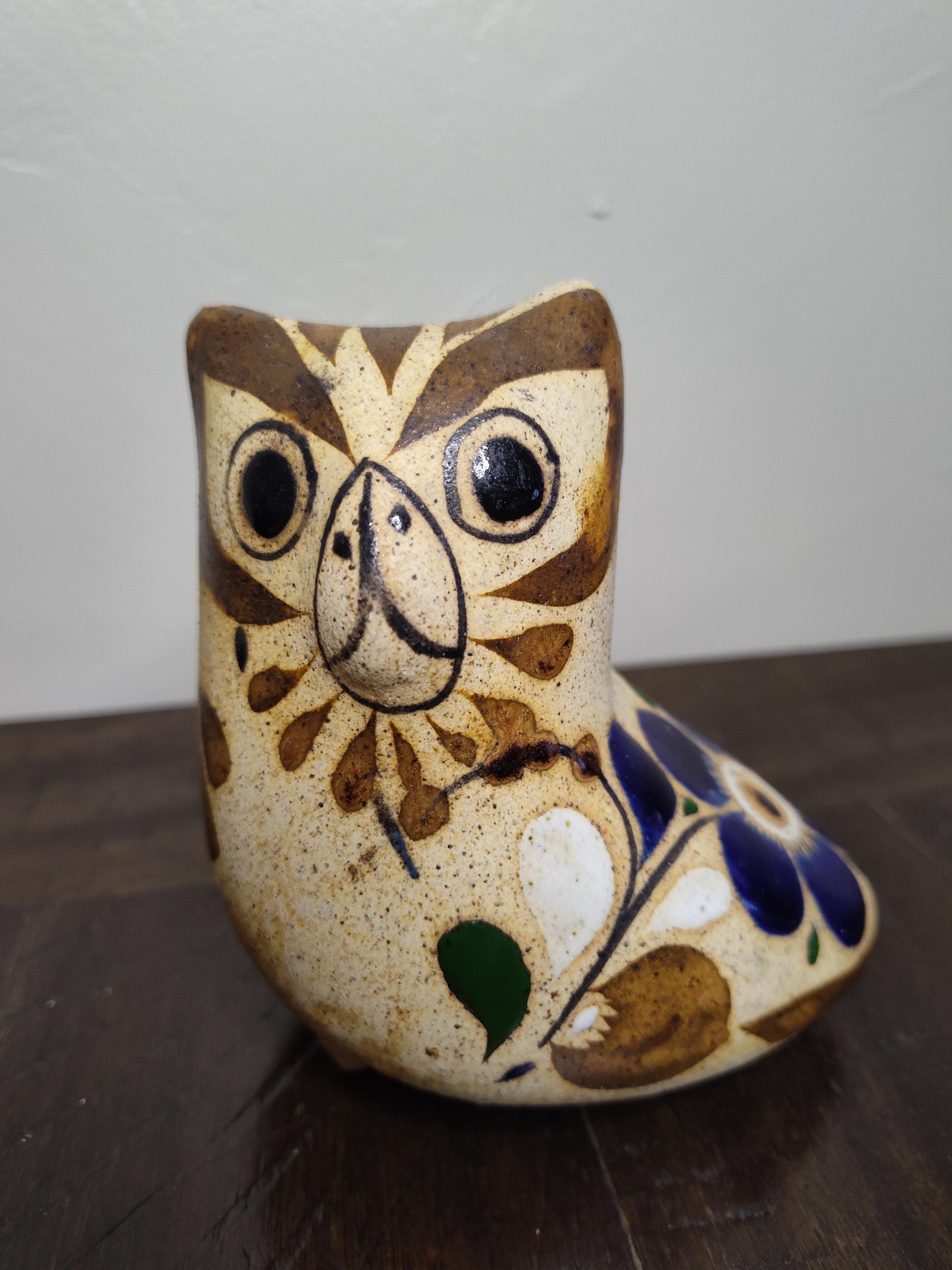 Vibrant Tonala Mexico Owl Figurine | Hand Painted | Mexican Pottery | Vintage Folk Art | Animal Deco