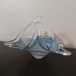 Murano Glass Swirl Bowl Sculpture | Hand Pulled Blue White Art Decor | Italian Vintage Glass Centerpiece | Home Decor