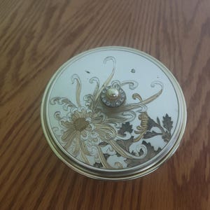 Sankyo Japan Music Box | Gold Powder Container | Vintage Jewelry Trinket Vanity Decor | Ornate Jeweled Handle Japanese Vanity Mirror