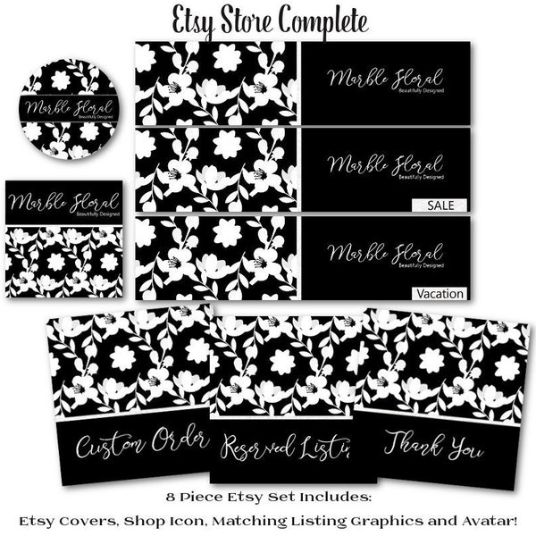 Premade Etsy Shop Set | Floral Damask Design Etsy Cover Set | Black White | Etsy Storefront Branding Package