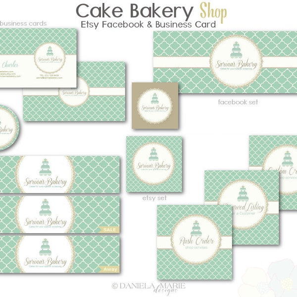 Premade Branding Set | Floral Wedding Cake Stand Bakery Marketing Set | Green Beige Gold | Etsy Facebook Business Card Branding Package