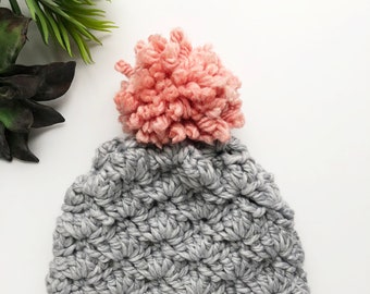 Crochet Adult Hat - Gray with Pink Pom - Adoption Fundraiser