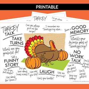 Puede incluir: Imprimible con preguntas para conversar en Acción de Gracias. La imagen presenta un pavo de dibujos animados con calabazas y mensajes de texto como "Turkey Talk" y "Funny Story". El fondo es blanco con un borde naranja.
