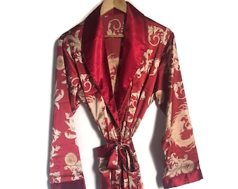 Mens Robe | Red Dragon Robe | Kimono Silky Dressing Gown | Japanese Vintage Style Gold Smoking Jacket | Japan Unisex Boho Retro Dragons