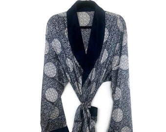 Silky Mens Robe | Smoking Jacket | Paisley Satin Robe | Unisex Retro Dressing Gown | Blue Boho Robe | Vintage 1970s Style Satin Loungewear