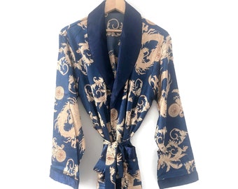 Blue Dragon Satin Robe | Vintage Style Silky Gown | Kimono Smoking Jacket