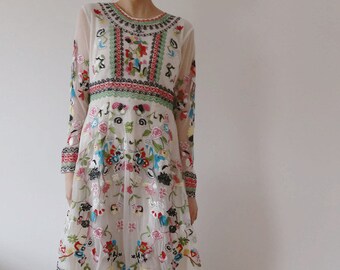 Embroidered Dress | Wedding Dress | White Tulle Dress | Sheer Floral Dress | Summer Party Dress | Vintage Floral Maxi Dress Long Frida Kahlo