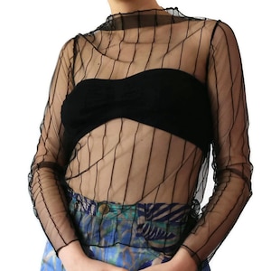 Mesh Top | Sheer Black Blouse | Shirt Vintage See Through Tops | Diamond Stripe Sparkle Polka Dot Long Sleeve Soft Grunge 1990s 90s Fishnet