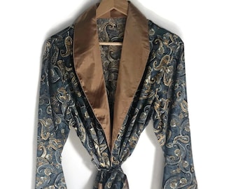 Mens Robe | Smoking Jacket | Paisley Retro Dressing Gown | Gold Blue 70s Boho Mens Robe | 1970s Satin Loungewear Housecoat | Vintage Style