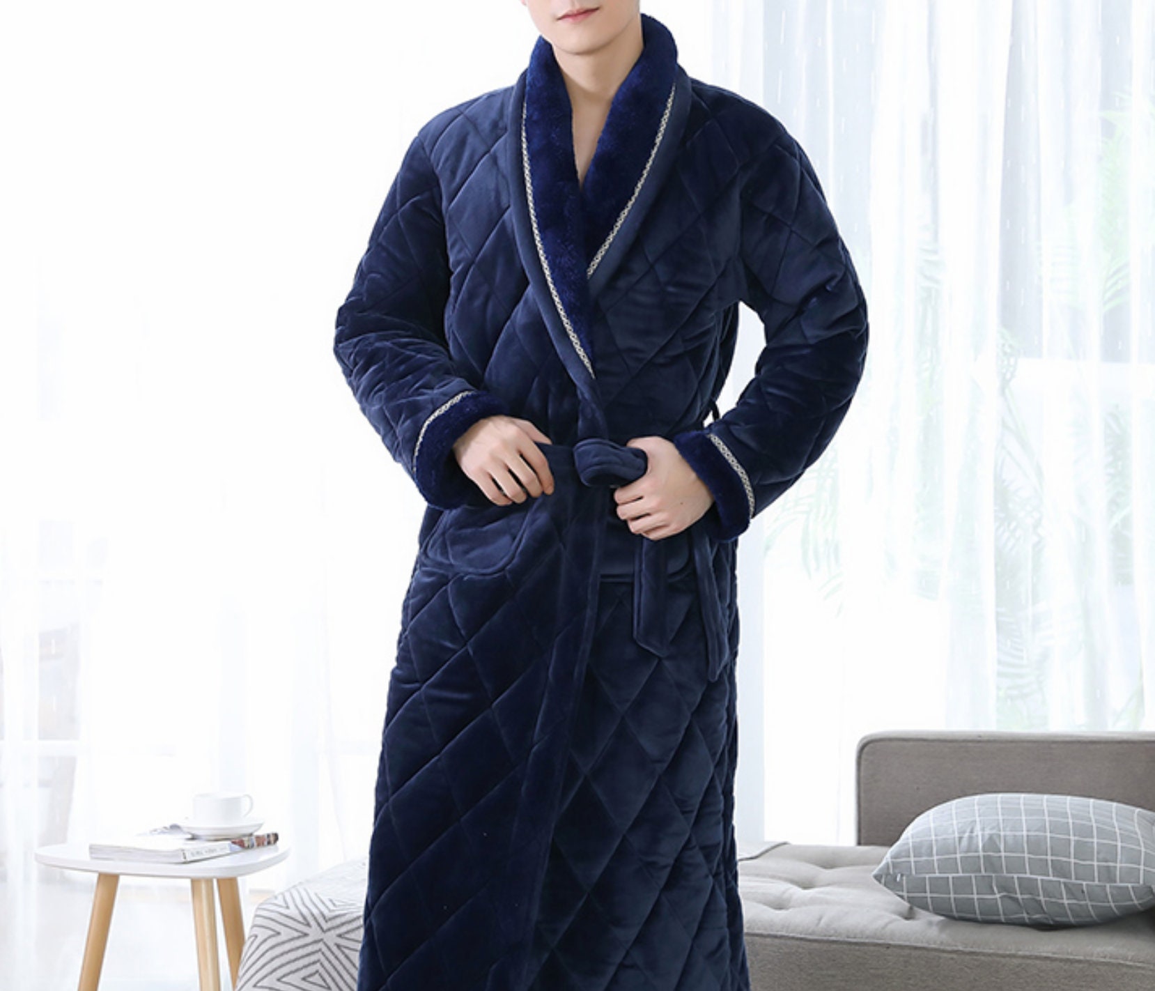 Quilted Smoking Jacket Robe Mens Velvet Dressing Gown Navy Blue