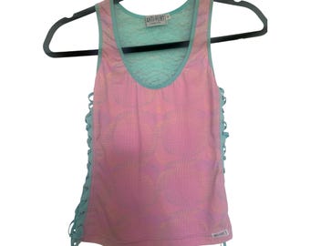 Anti-Flirt Paris Tank Top Womens S Pink Blue Excellent Lace Up Y2K Vintage