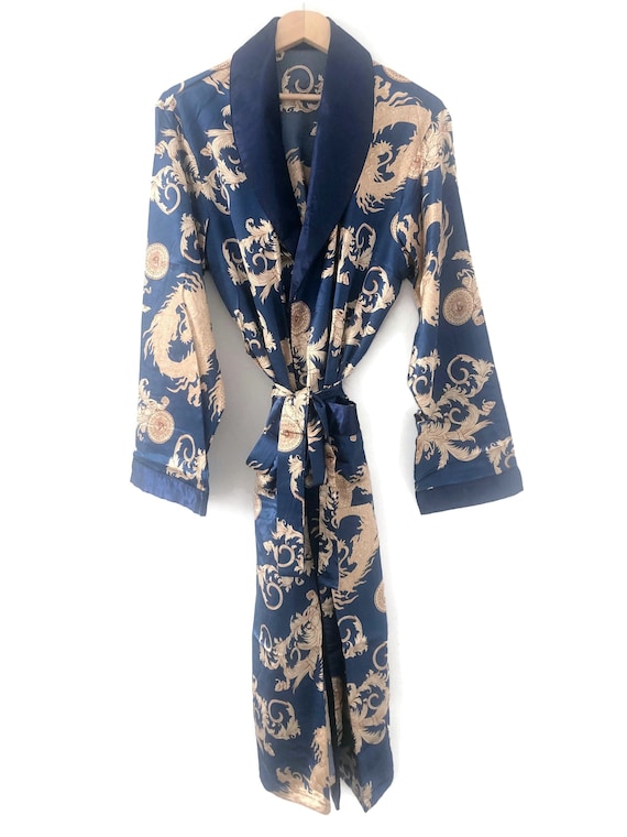 Blue Dragon Robe Mens Unisex Kimono Silky Dressing … Gem
