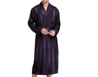 Mens Robe | Smoking Jacket | Silky Striped Robe | Boho Dressing Gown | Silk Satin Loungewear Bathrobe Retro Gift for Him in Black Blue Green