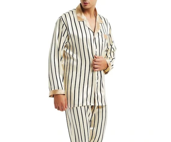 Beige Striped Satin Robe and Pyjamas | Vintage St… - image 3
