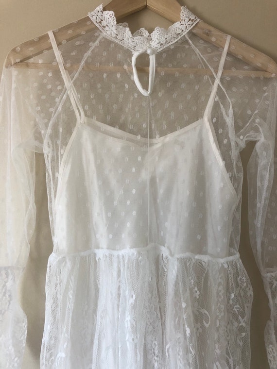 White Lace Dress + Silk Slip | Boho Cut Out Croch… - image 9