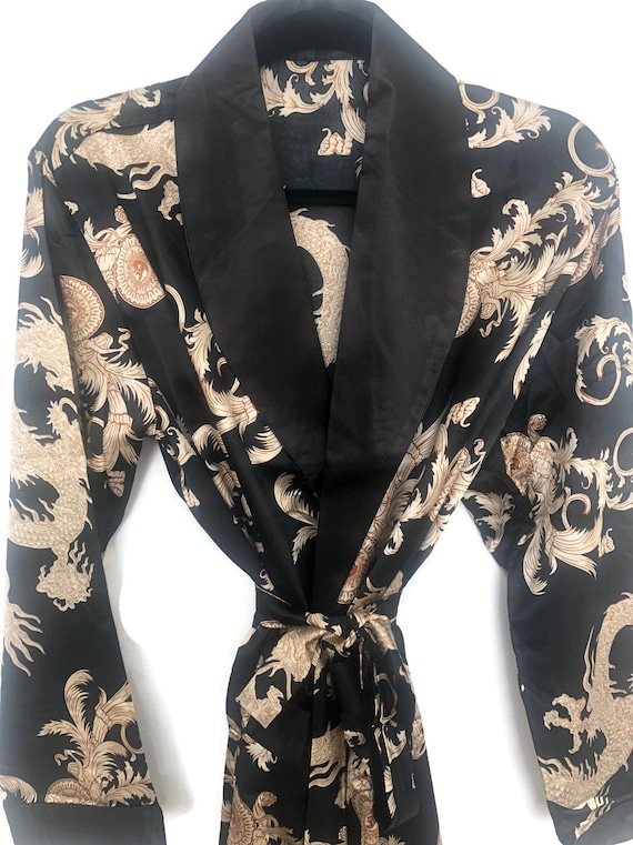 Dragon Robe Black Mens Kimono Silky Dressing Gown Japanese Vintage Style Satin Smoking Jacket Japan Unisex Boho Retro Dragons Etsy Canada