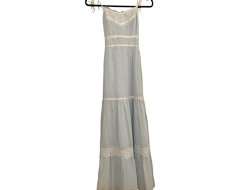 Vintage 1970s Maxi Dress Blue Floral Lace Trim Prairie Cottagecore XS S