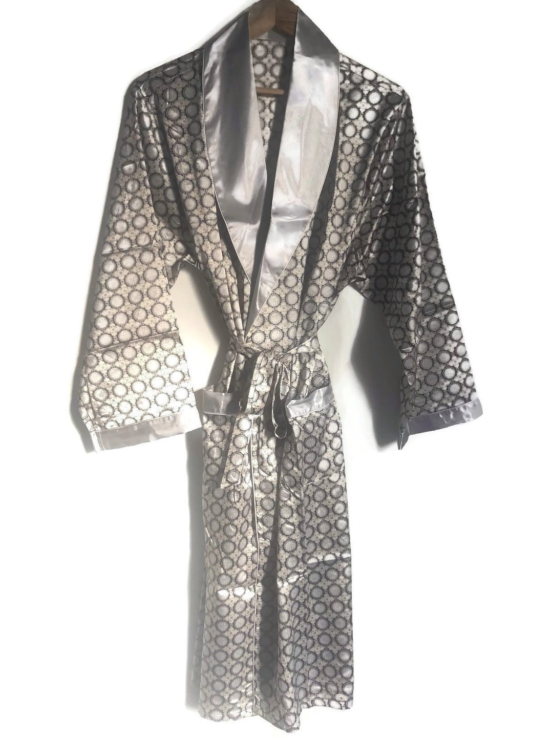 Long Silver Robe Silver Satin Robe | Vintage Style 60s Mod Silky Loungewear | Smoking ...