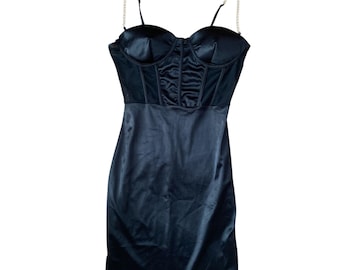 D&G Dolce  Gabbana Corset Dress Womens M Black Satin Mesh Chain Strap Vintage