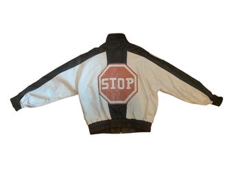 Rawlings Leather Bomber Jacket Vintage Stop Sign Michael Hoban Retro Streetwear