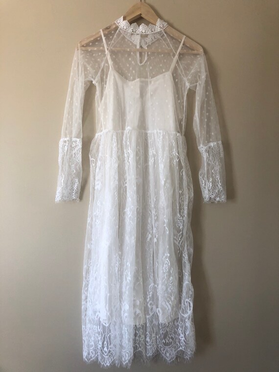 White Lace Dress + Silk Slip | Boho Cut Out Croch… - image 8