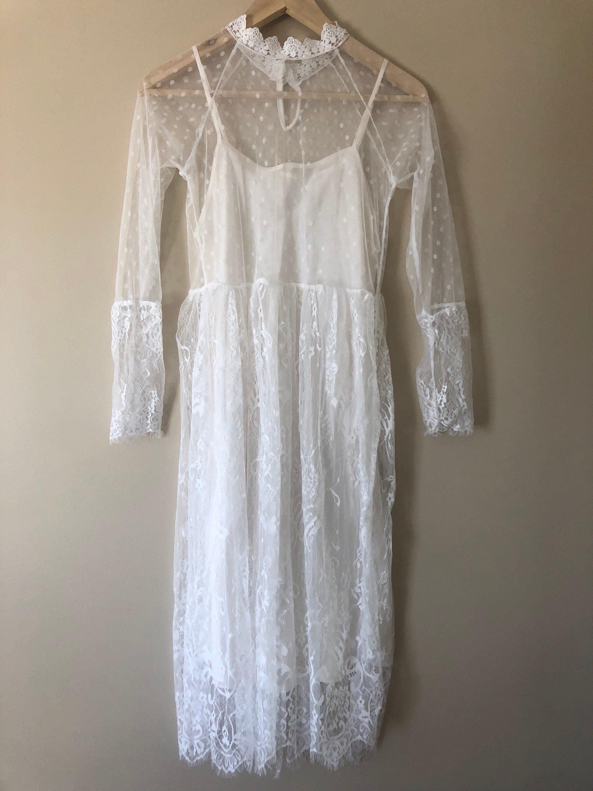 Image of White Lace Dress + Silk Slip | Boho Cut Out Crochet S S Vintage Style See Through Summer Beach Festival Peasant Bohemian %