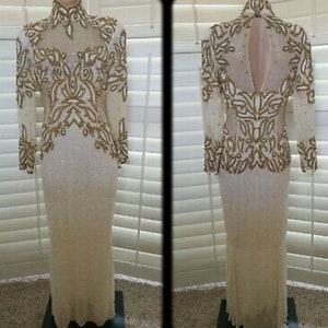 Oleg Cassini Couture Gown | Sequin Dress | Vintage 1980s Designer | 80s Wedding Hollywood Glamour Runway Fringe Gown | Gold White Beaded